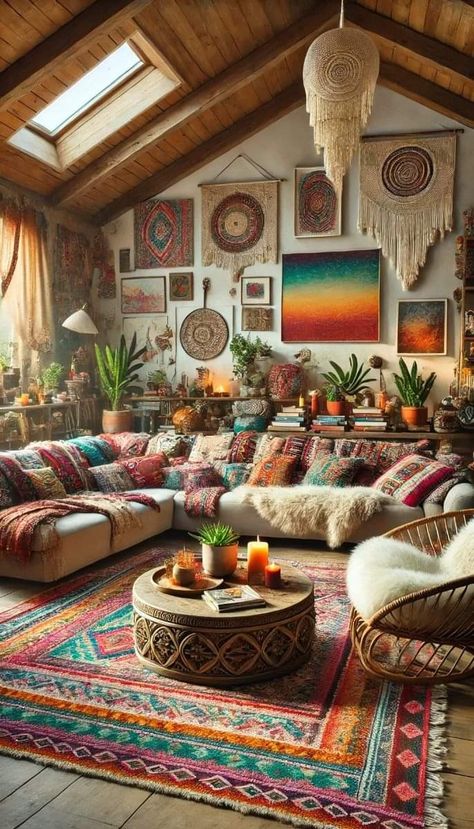 Warm Eclectic Living Room, Cozy Bohemian Living Room, Cozy Maximalism, Bohemian Style Interior Design, Living Room Decor Eclectic, Bohemian Homes, Hippie House, Cozy Bohemian, Vaulted Ceiling Living Room