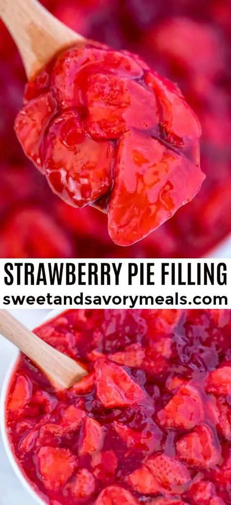 Strawberry Pie Filling Recipe is made with fresh strawberries and Jello. It tastes so much better than the store-bought version! #strawberryrecipes #strawberrypiefilling #strawberries #sweetandsavorymeals #summerrecipes #dessertrecipes Strawberry Pie Filling Recipe, Homemade Strawberry Pie Filling, Homemade Strawberry Pie, Strawberry Rhubarb Pie Filling, Strawberry Pie Filling, Pie Filling Recipes, Savory Meals, Filling Food, Strawberry Filling