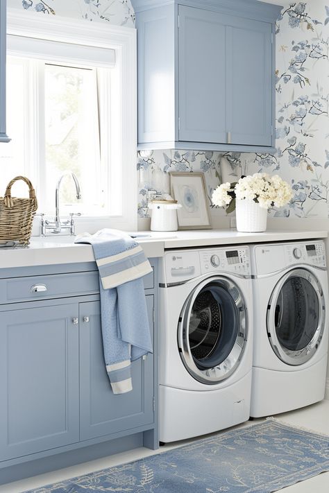 Transform Your Space: 25 Stunning Laundry Room Wallpaper Ideas Navy And Green Laundry Room, Small Blue Laundry Room, Navy Blue Washer And Dryer Laundry Room, Blue And Gold Laundry Room, Powder Blue Laundry Room, Laundry Room Ideas Colors, Laundry Room Ideas Blue, White And Blue Laundry Room, Navy Basement