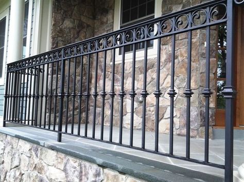 Rod Iron Railing Designs | Wrought Iron Rod Iron Railing, Wrought Iron Railing Exterior, Wrought Iron Porch Railings, Iron Railings Outdoor, Cast Iron Railings, Iron Balcony Railing, Garden Railings, Patio Railing, Iron Stair Railing