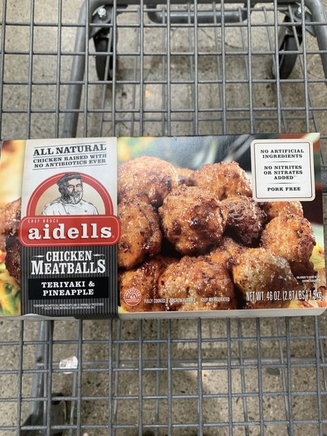 For those of you not familiar with the Aidells brand at Costco, you need to give them a try (scroll down for photos). They've been selling all different flavors of sausage for years & they are all amazing! I stumbled across this amazing find today & we've got ourselves some Costco chicken meatballs for dinner! Aidells sells this almost 3 pound pack of meatballs in the refrigerated section for $13.79.    #aidells #chickenmeatballs #costco #costcochickenmeatballs #teriyaki Chicken Pineapple Meatballs Aidells, Costco Teriyaki Chicken Meatballs Recipes, Aidells Chicken Teriyaki Meatballs Recipes, Pineapple Teriyaki Chicken Meatballs Costco, Aidells Teriyaki Pineapple Meatballs Recipe, Costco Meatball Recipes Dinners, Costco Pineapple Teriyaki Meatballs, Aidells Chicken Meatballs Recipes, Chicken Teriyaki Meatballs Costco