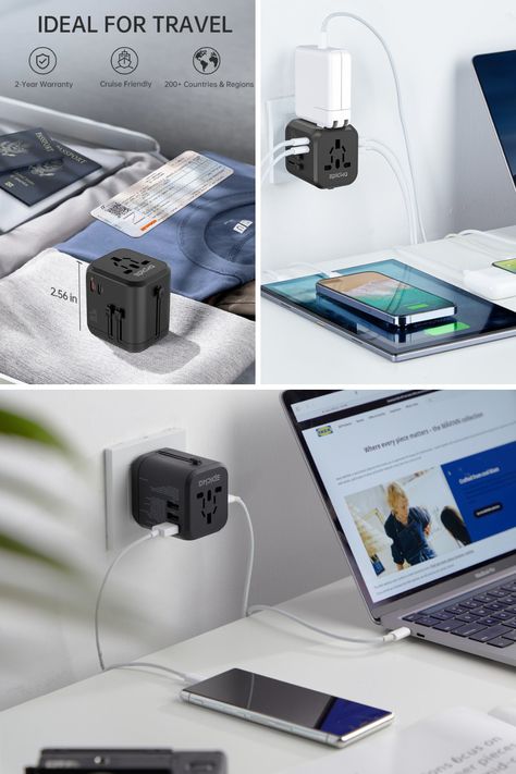 Stay connected while traveling with the TA-205 universal travel adapter. Compatible with over 200 countries, it features dual AC sockets, USB-A, and USB-C ports for charging multiple devices simultaneously. Shop Now! Outlet Adapter Travel, Sales Kit, Plug Adapters For Europe, Universal Travel Adapter, Usb Adapters, Travel Charger, Universal Adapter, Travel Adapter, Universal Plug Adapter