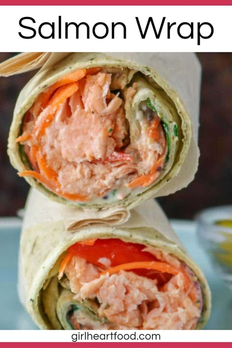 If you're looking for a delicious and easy lunch idea, try this salmon wrap! Made with fresh salmon, veggies and a creamy honey mustard yogurt sauce, it's super satisfying! #salmonwrap #easywraprecipe #freshsalmonwrap #salmonwraprecipe #lunchidea #easylunchidea #lunchrecipe Salmon Wrap Recipes Healthy, Wrap Sauce Recipe, Salmon Wrap Recipes, Wrap Recipes For Lunch, Salmon Wraps, Salmon Pinwheels, Creamy Honey Mustard, Salmon Veggies, Wraps Recipes Easy