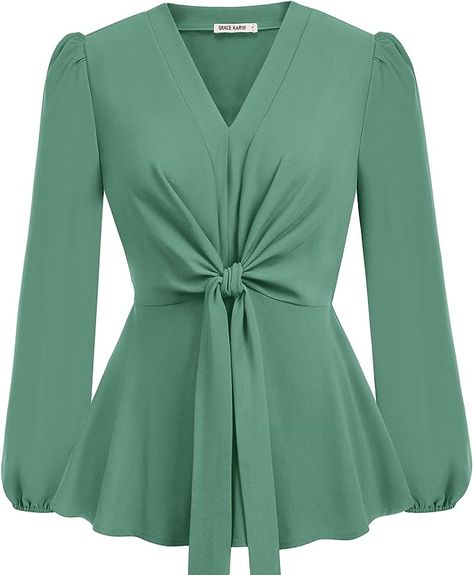 Womens Peacock Blue Peplum Tops V Neck Bell Sleeve Tops Tie Front Elegant Blouse 2XL at Amazon Women’s Clothing store Dress Tops Designs, Elegant Shirts For Women Classy, Ladies Top Designs Style, Top Neck Designs, Elegant Tops Classy, New Design Blouse, Shirt Top Design, Stylish Shirts For Women, Classy Shirts