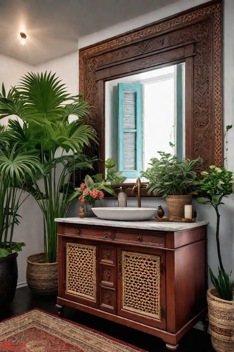 Bohemian bathroom antique vanity British Colonial Bathroom Ideas, Antique Bathroom Vanity Ideas, Spanish Bathroom Vanity, Modern Colonial Bathroom, British Colonial Office, Colonial Bathroom Ideas, British Colonial Bathroom, Colonial Caribbean, Caribbean Style Homes