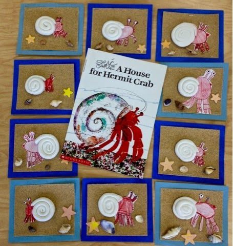 A House For Hermit Crab Art & Literacy Hermit Crab Art, A House For Hermit Crab, Hermit Crab Crafts, Eric Carle Art, Eric Carle Activities, Crab Crafts, Elementary Art Rooms, Crab Art, 2nd Grade Art