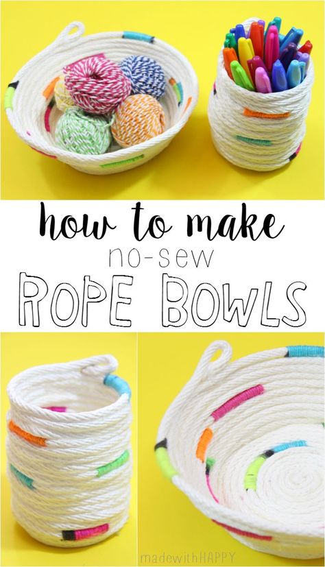 How to make No-Sew Rope Bowl - made with HAPPY Keepsake Gift Ideas, Happy Crafts, Diy Rope Basket, Rope Bowls, Rope Projects, Diy Bowl, Rope Baskets, Jewerly Diy, Coiled Baskets