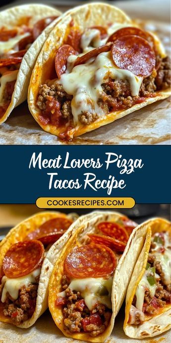 Get the best of both worlds with these Meat Lovers Pizza Tacos! Combining the savory goodness of a classic meat-loaded pizza with the handheld convenience of tacos, this fusion recipe is a game-changer. Perfect for pizza night, Taco Tuesday, or any time you're craving something unique and delicious! 😋 #PizzaTacos #MeatLovers #FusionFood Meat Lover Pizza Taco, Meat Lovers Taco Pizza, Grilled Cheese Tacos, Dinner Ideas For Meat Lovers, Meat Lovers Pizza Tacos Recipes, Cheesy Beef Tacos, Pizza Tacos Flour Tortillas, Ideas For Taco Meat, Unique Mexican Recipes