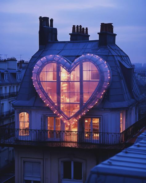 Did you know that some houses in Paris have heart-shaped windows on their top floor? Imagine strolling through the charming streets of Paris, gazing up at the facades, all unique with quite literal heartwarming details. In a hidden warehouse in the middle of the city, you can find a vendor of these windows. On Valentine’s Day, couples, singles, mothers and children, and brothers and sisters come together to pick out a window. Because love is for everybody. AI-generated, edited and enhanced ... Houses In Paris, Heart Building, City Reference, Heart City, Heart House, Castle Floor Plan, Heart Window, Shaped Windows, Streets Of Paris