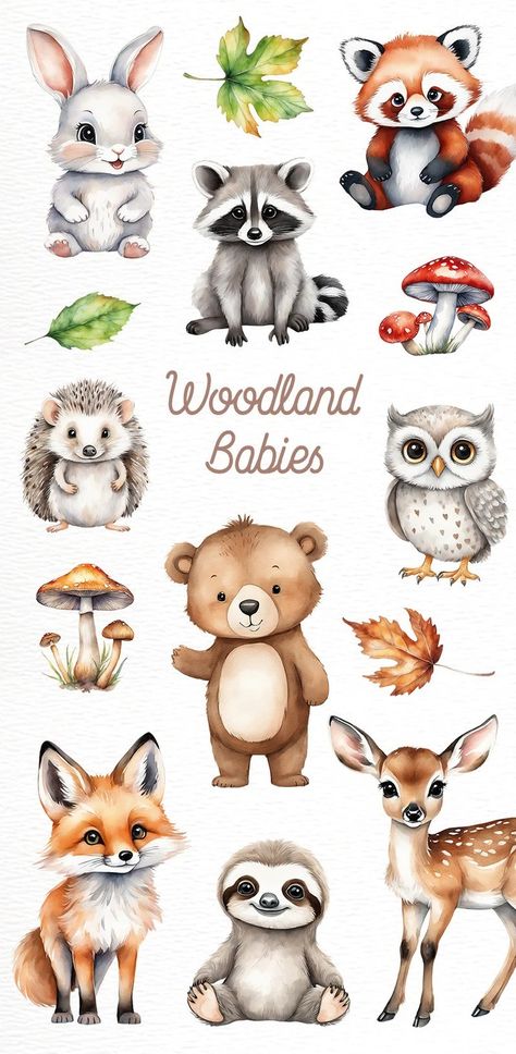 Woodland Creature Drawing, Cute Woodland Creatures, Watercolor Woodland Animals Nursery, Cute Woodland Animals Drawing, Cartoon Woodland Animals, Easy Woodland Animal Drawings, Cute Forest Animals Illustration, Animated Animals Drawings, Aesthetic Animal Drawings