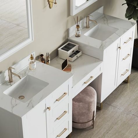 86" White Freestanding Double Sink Bathroom Vanity Set with Makeup Table Marble Top Him And Her Bathroom Sink, Double Vanity One Sink, Double Sink Bathroom Layout, Bathroom Makeup Vanity With Sink, Washroom With Makeup Vanity, Double Lavatory Master Bath, Bathrooms With Built In Vanity, 92 Inch Bathroom Vanity, Bathroom Vanity With Double Sinks