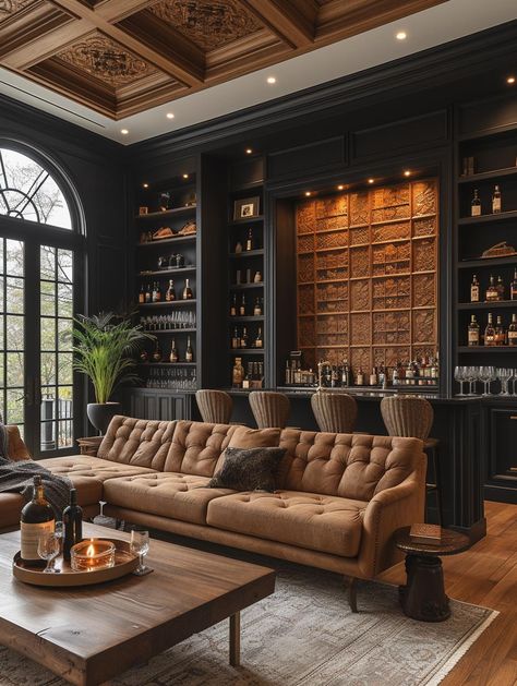 Gentlemans Room Home, Giant Living Room Ideas, Moody Speakeasy Room, Masculine Lounge, Bar Lounge Room Ideas, Modern Home Office Ideas, Bourbon Room, Modern Fireplaces, Whiskey Room