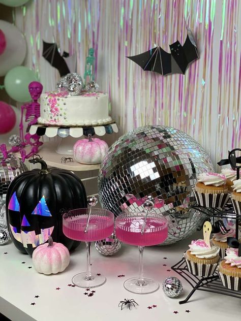 Disco Halloween Party Halloween Party Ideas | Photo 5 of 11 | Catch My Party Holographic Halloween Decor, Let’s Boogie Party, Halloween Girly Party, Barbie Halloween Party Ideas, Disco Halloween Party Ideas, Halloween Barbie Party, Barbie Halloween Party Decorations, Spooky Disco Party, Haunted Disco Party