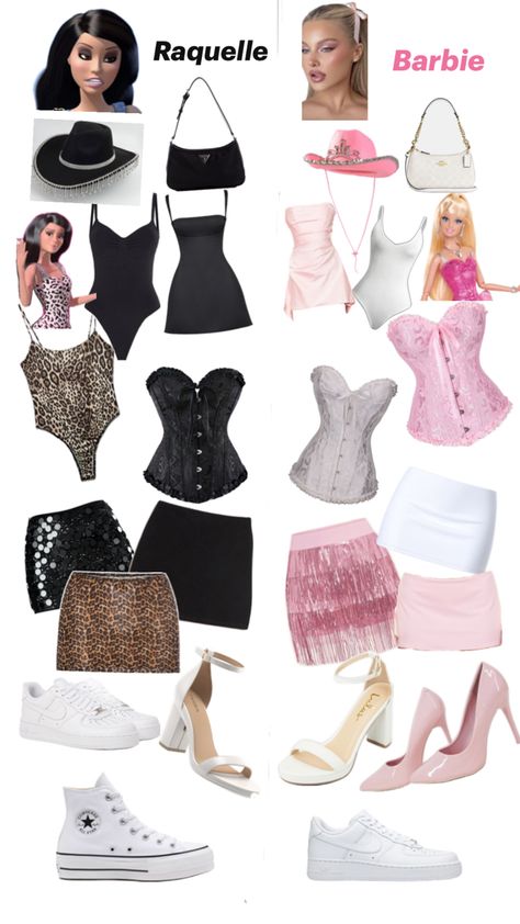 This is a barbie and RAQUELLE outfit Inpo for a cute Halloween party! Popstar Barbie Outfit, Raquelle Halloween Costume Ideas, Barbie And Raquelle Outfits, Barbie And Raquelle Costume Ideas, Raquel And Barbie Costume, Barbie And Rochelle Halloween Costume, Raquelle Costume, Barbie And Raquelle Costume Duo, Group Barbie Costumes