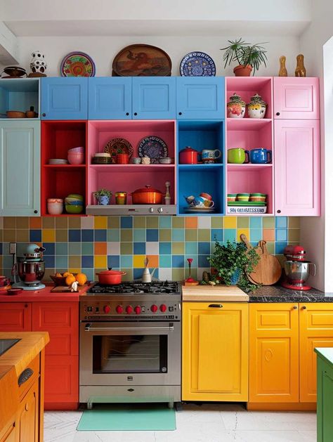 24 Room Renovation Ideas That Infuse Color and Life into Your Home • 333+ Images • [ArtFacade] Small Colorful Kitchen Ideas, Colorful Industrial Interior, Colourful Cupboards, Colorful Apartment Kitchen, Multicoloured Kitchen, Kaarin Joy, Kitchen Ideas Color, Industrial Chic Bedroom, Room Renovation Ideas