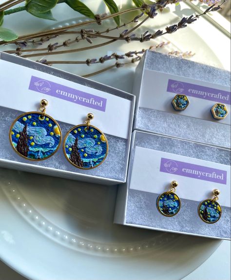 starry night (Van Gogh) inspired handmade earrings by emmycrafted Starry Night Clay, Midsummer Dream, Clay Diy Projects, The Starry Night, Earring Post, Free Post, Diy Clay, Handmade Polymer Clay, Vincent Van Gogh