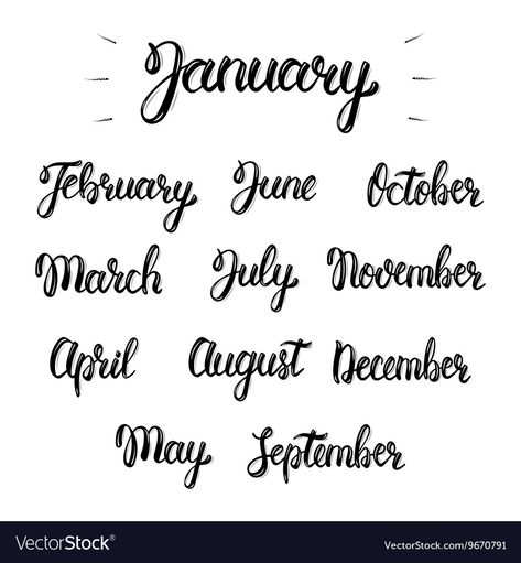 Name Of Months, Free Handwritten Fonts, Hand Lettering Worksheet, Organization Bullet Journal, Hand Lettering Alphabet, Script Monogram, Writing Art, Months Of The Year, Bullet Journal Writing