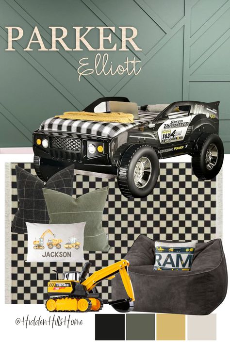 Race car themed bedroom decor design board for boys! Boys bedroom mood board with a green accent wall and yellow and charcoal accent colors! Race Car Bed Bedroom, Truck Bed Boys Room, Neutral Car Bedroom, Truck Bedroom For Boys, Boy Car Bedroom, Race Car Room Boys, Toddler Boy Car Room, Monster Truck Toddler Room, Boys Race Car Bedroom