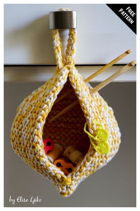 Limoncello Hanging Basket Free Knitting Pattern Knit Hanging Basket Pattern Free, Knitted Hanging Basket, Basket Knitting Pattern Free, Knit Basket Pattern Free, Knitted Basket Free Pattern, Knitted Heart Pattern, Produce Baskets, Pet Diy, Fruit Bag