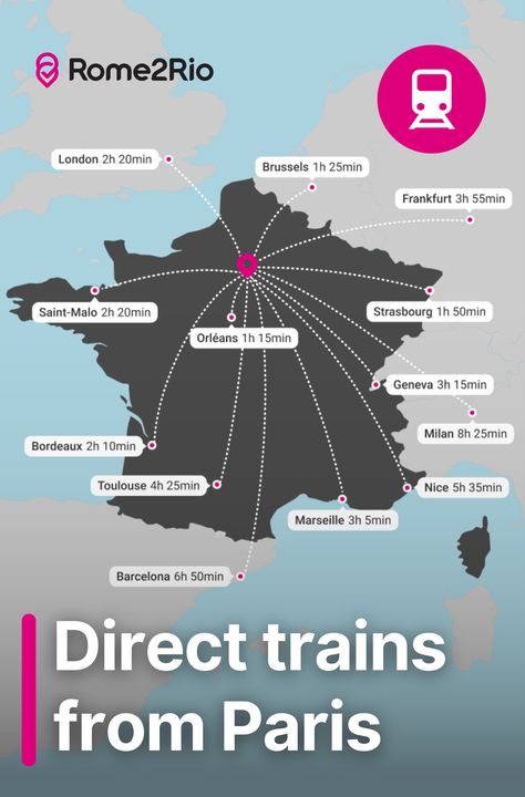 This handy France map shows travel times for direct trains from Paris to some of the major cities in France, UK and Europe. Note that Journey times might vary, and some routes require advance booking. Plan your trip with Rome2Rio.com. Trains In France, Uk Travel Guide, Cities In France, Travel In France, Europe Trip Planning, French Basics, Europe Train Travel, Europe Train, Normandy Beach