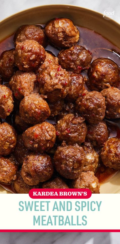 Recipe of the Day: Kardea Brown's Sweet and Spicy Meatballs 👏 These easy, oven-baked meatballs will be irresistible to sweet-and-spicy fans, thanks to a few surprising ingredients. Smoked paprika and soy sauce add umami, while pepper jelly and orange juice add heat and brightness. Serve them as a main dish for a fun weeknight dinner, or skewer them with toothpicks for a delightful game-day snack. Spicy Meatball Recipes, Pepper Jelly Meatballs, Sweet And Spicy Meatballs, Spicy Meatballs Recipe, Oven Baked Meatballs, Jelly Meatballs, Baked Meatballs, Spicy Meatballs, Hot Pepper Jelly