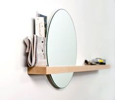 Round Hall Mirror with Shelf -make with Ikea mirror? Spiegel Diy, Above Couch, Decor Ikea, Mirror On The Wall, Solid Wood Shelves, Hallway Storage, Entryway Storage, Mirror With Shelf, Estantes Flotantes