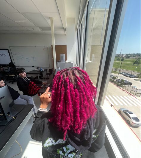 Fuschia Locs, Pink Tips Locs, Pink Roots Black Hair Locs, Hot Pink Locs Black Women, Half Dyed Locs, Purple And Red Locs Black Women, Colored Locks, Pink And Red Dreads, Pink Locs