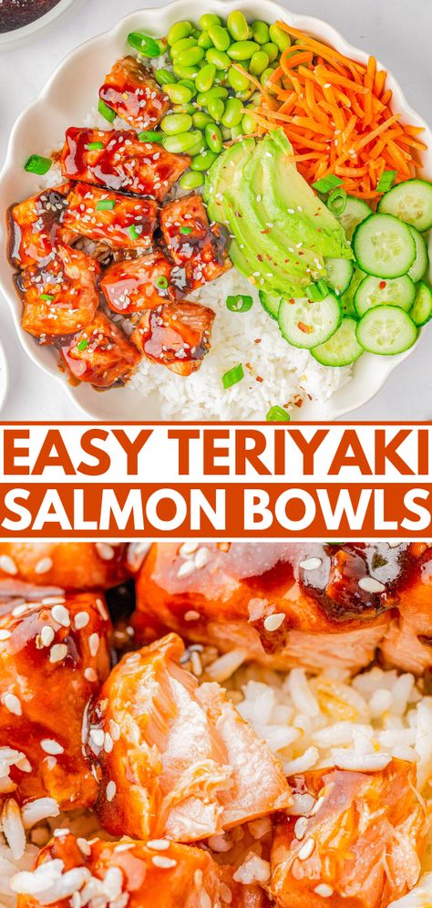 Easy Teriyaki Salmon Bowls — 🍣🍚🥑🥕Flaky pieces of salmon are coated in a SIMPLE yet FLAVORFUL homemade teriyaki sauce and served over a bed of rice! The bowls are loaded with carrots, cucumber, avocado, and edamame and then drizzled with EVEN MORE teriyaki sauce! Salmon bowls are the perfect meal-in-one with protein, carbs, and vegetables served altogether! Spicy Salmon Teriyaki Bowl, Salmon Easy Recipe Simple, Teriyaki Salmon Bowl Recipe, Salmon Bowls Recipes, Easy Salmon Bowl Recipes, Salmon Bowl Ideas, Salmon Bowl Air Fryer, Teriyaki Salmon And Rice, Salmon Rice Avocado