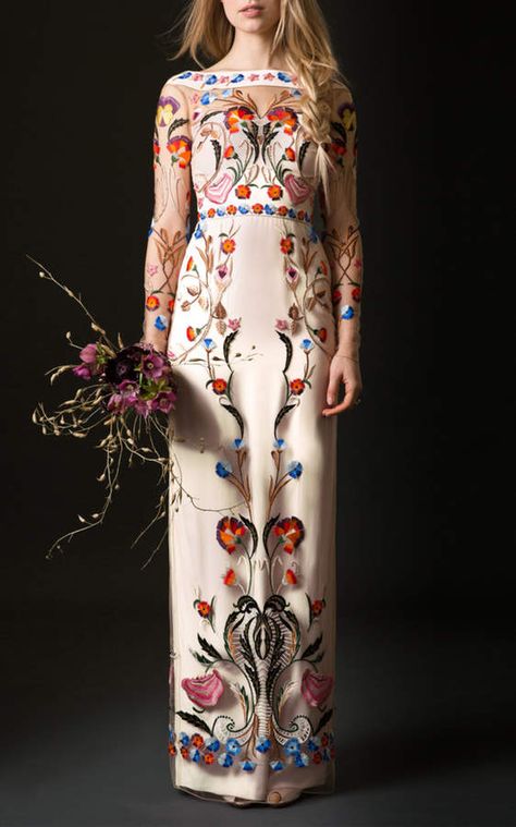 Temperley London Bridal Fitted Toledo Dress This *Temperley Bridal* Fitted Toledo Dress features a boat neckline sheer embroidered long sleeves and column silhouette. #afflink Temperley London Bridal, Unconventional Wedding Dress, Alice Temperley, Bohemian Wedding Dresses, Temperley London, Luxury Women Fashion, Vestidos Vintage, Boho Bride, Wedding Dresses Simple