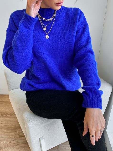 Royal Blue Casual  Long Sleeve Acrylic Plain Pullovers Embellished High Stretch Spring/Fall Women Knitwear Royal Blue Shirt Outfit, Blue Sweater Outfit, Hoody Outfits, Royal Blue Shirts, Knit Sweater Outfit, Royal Blue Sweater, Pull Bleu, Pullovers Outfit, Winter Knit Sweater