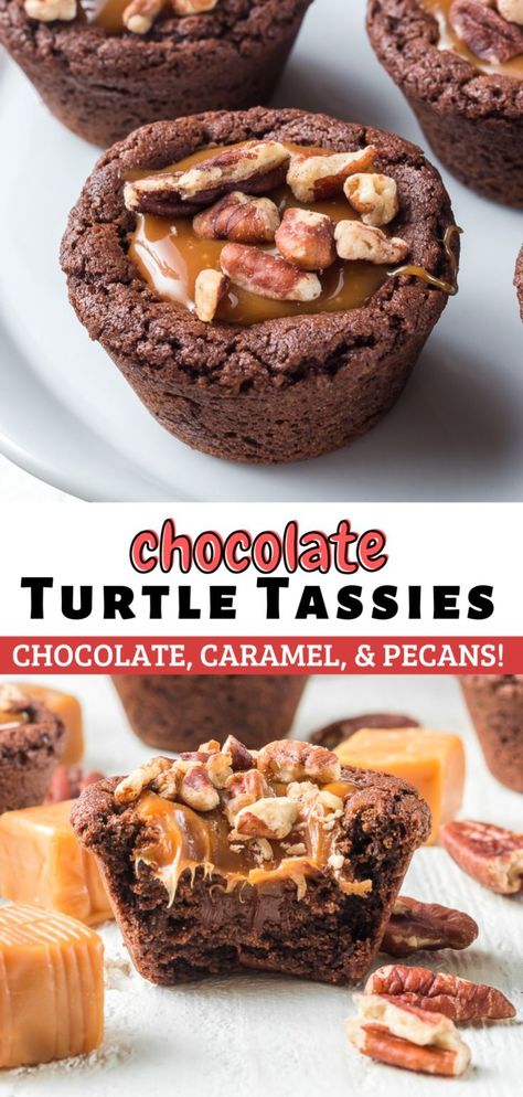 A fan-favorite cookie featuring chocolate, pecans, and caramel, these Turtle Tassies are the perfect bite-size treat for your next holiday party or family gathering! If you don’t know what a “tassie” is, you’re not alone! Tassies are like a sugar cookie cup, made in mini muffin cups instead of baked on a cookie sheet, then topped or filled with a variety of delectable goodies. These Turtle Tassies are so easy to make and fun to eat! Turtle Tassies, Tassies Recipe, Chocolate Cookie Cups, Turtle Candy, Chocolate Pecans, Pie Cups, Cups Recipes, Chocolate Turtle, Sugar Cookie Cups