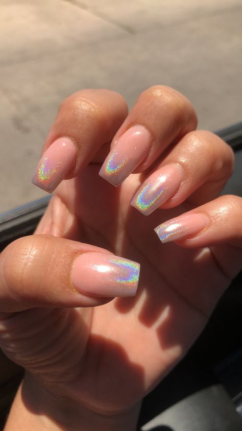 Square Holographic Nails, Holographic Nails Coffin, Chrome Glitter Ombre Nails, Holo Ombre Nails, Nail Art Chrome Ombre, Gel Structure Nails Design, Holo Tip Nails, Spring Holographic Nails, Holographic Manicure