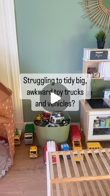 Toy Train Storage Ideas, Dinky Car Storage Ideas, Play Food Organization Toy Storage, Toy Truck Storage Ideas Playroom, Big Toy Car Storage Ideas, Diy Stuffy Storage, Practical Toy Storage, Toy Room Ideas Playroom Organization, Truck Storage Ideas Toy