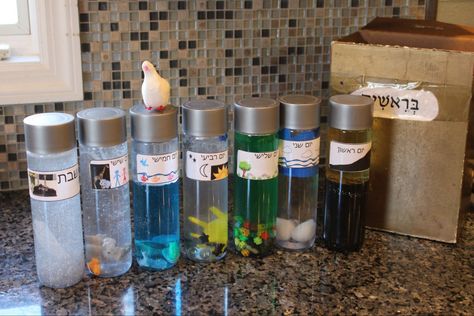 Create a sensory bottle for each day of creatiob Days Of Creation Sensory Bottles, Creation Sensory Bottles, Preschool Bible Activities, 7 Days Of Creation, Bible Board, Sensory Bottle, Professional Development For Teachers, Days Of Creation, Preschool Bible