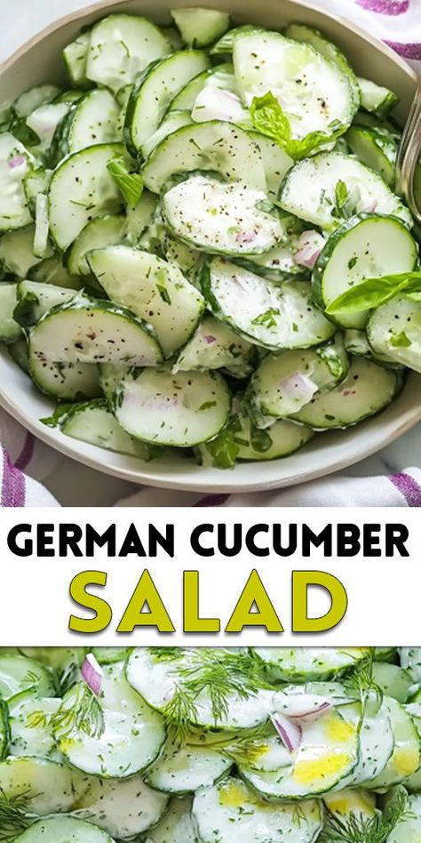 German Cucumber Salad Ingredients: 2 large cucumbers, thinly sliced 1/4 cup white vinegar 1 tablespoon sugar 1/2 teaspoon salt 1/4 teaspoon black pepper 2 tablespoons fresh dill, chopped (optional) 1 small onion, thinly sliced (optional) 1/4 cup sour cream (optional for a creamy version) #salad #cucumber #easyrecipes Cucumbers And Sour Cream Vinegar, Cucumber Salad White Vinegar, Cucumber Slaw, Cucumber Salad Recipes Vinegar, Cucumber Salads, Cucmber Salad, Cucumber Salad Recipes, Cucumber Salad Vinegar, Low Fat Salads