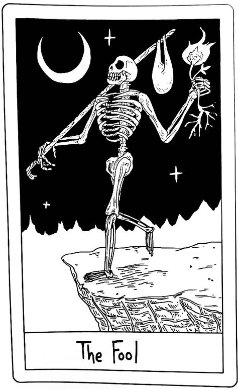 Skeleton Tarot Tattoo, Fools Tarot Card Tattoo, The Fool Skeleton Tarot, Skeleton Card Tattoo, Skull Tarot Card Tattoo, Skeleton Tarot Card Tattoo, Tarot Cards Tattoo Design, Fool Tattoo Tarot, Tarot Card The Fool Tattoo