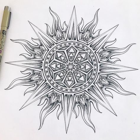 🌞 Finished up my Sun Mandala last night! Didn't get around to posting it until now because it was so late when I finished, but here it is!… Sun Mandala Art, Sun Moon Mandala Tattoo, Sun And Moon Mandala Drawing, Cool Sun Tattoos, Sun Art Drawing, Sun Mandala Tattoo, Sun Drawing Design, Sun Mandala Design, Mandala Sun Tattoo