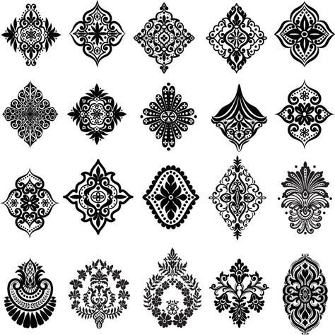 Indian ornament set Genshin References, Indian Ornaments, Blue Flowers Background, Art Deco Design Graphics, Mandala Tattoos, Indian Motifs, Traditional Ornaments, Ribbon Diy, Indian Patterns