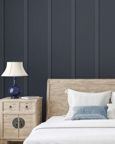 Navy Wallpaper Bedroom, Wainscoting Bedroom Accent Wall, Faux Board And Batten, Dream Bedroom Luxury, Lining Dresser Drawers, Wall Behind Bed, Living Room Nook, Blue Accent Walls, Black Accent Walls