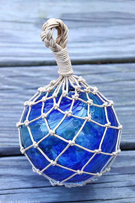 Hand-tied glass fishing float net - hand tied by @RuthBleakley, using a hand-blown glass ball made by @Bryan  Randa Glass Fishing Floats, Glass Floats, Fishing Floats, Look What I Made, Glass Balls, Beach Christmas, Coastal Christmas, Beach Crafts, Macrame Ideas