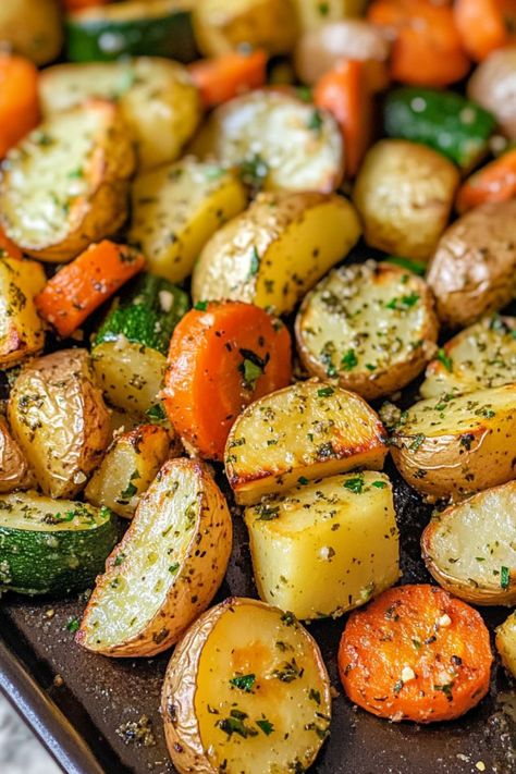 Garlic Herb Roasted Potatoes Carrots and Zucchini Steak And Roasted Vegetables, Oven Roasted Veggies And Potatoes, Vegtables Dishes Healthy Dinner, Fall Roasted Veggies, Sheet Pan Roasted Vegetables, Garlic Herb Roasted Potatoes, Roasted Potatoes Carrots, Potatoes Dishes, Carrots And Zucchini