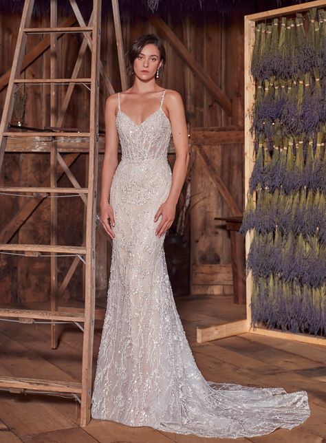 LA24118-Desiree-Sheath Wedding Dress with Spaghetti Straps and All Over Sparkle Sheer Beaded Wedding Dress, Bling Fitted Wedding Dress, Jovani Wedding Dress, Stella York Mermaid Wedding Dress, Beaded Beach Wedding Dress, Fitted Embellished Wedding Dress, Modern Sparkly Wedding Dress, Beaded Sweetheart Wedding Dress, Sparkly Elegant Wedding Dress