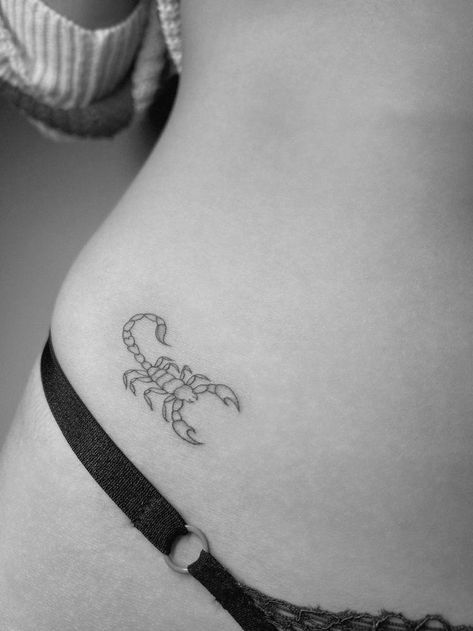 Scorpio Tattoo Scorpion, Behind Ear Scorpio Tattoo, Tattoo Ideas For Scorpios, Scorpion Tatoos Girly, Dainty Scorpion Tattoo, Minimal Scorpio Tattoo, Scorpio Sagittarius Tattoo, Scorpio Hip Tattoo, Scorpion Minimalist Tattoo