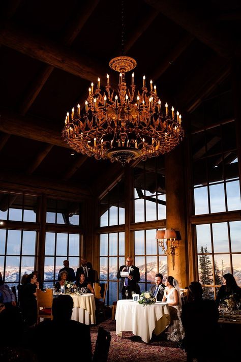 Lodge wedding with big windows and chandelier at Snowbasin Ski Resort by Everson Events. Wedding dinner at a ski lodge Utah Winter Wedding #SnowbasinSkiResortWedding #EversonEvents #SkiResortWeddingPlanner #WeddingDesigner #WeddingPlanner Ski Lodge Wedding Summer, Utah Winter Wedding, Ski Lodge Wedding Winter, Lodge Wedding Decor, Ski Mountain Wedding, Skiing Wedding, Winter Forest Wedding, Ski Lodge Wedding, Alps Wedding