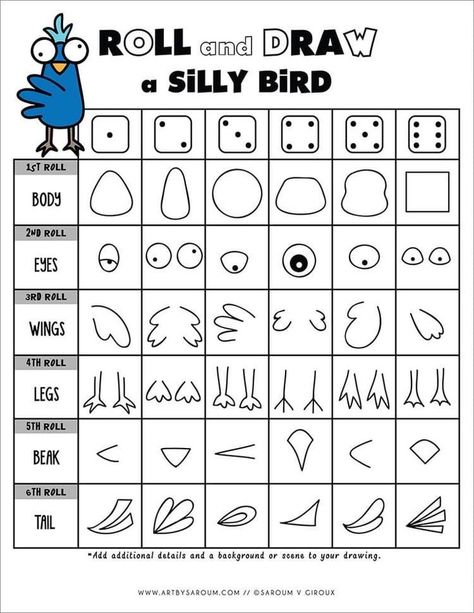 Roll And Draw, Draw Bird, Silly Bird, Kids Therapy, Drawing Games For Kids, Design Learning, Learning Corner, Drawing Activities, Drawing Games