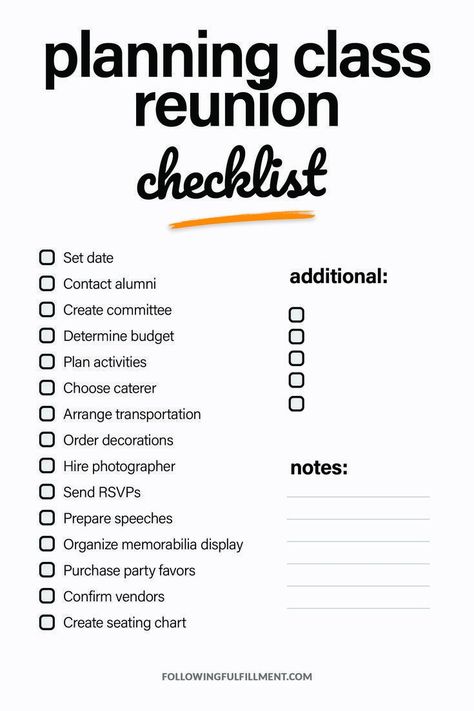 Prom Planning Checklist, Reunion Checklist, Sleepover Checklist, High School Reunion Planning, Class Reunion Favors, Class Reunion Planning, 50th Class Reunion Ideas, Step Challenge, 10 Year Reunion