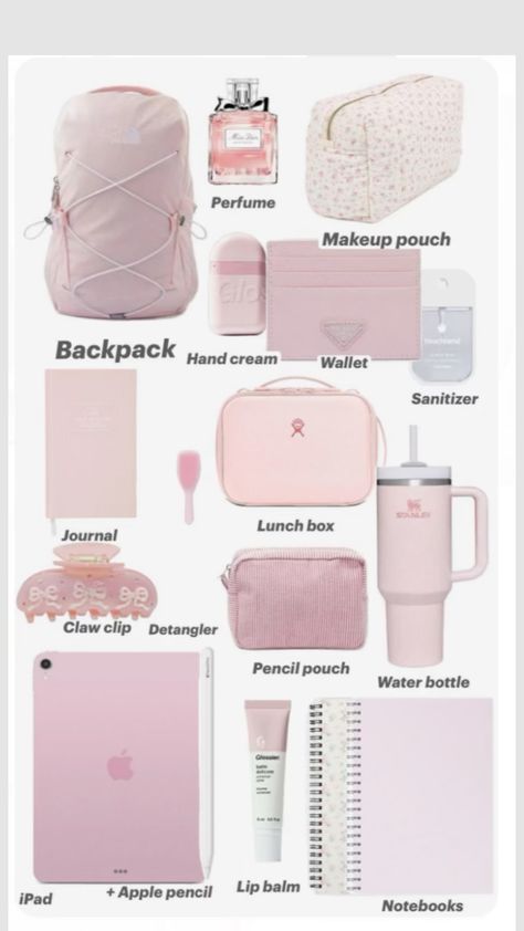 School Backpack Ideas, School Emergency Kit, School Wishlist, School Backpack Essentials, Preppy School Supplies, Backpack Ideas, Girly Christmas Gifts, Pretty School Supplies, Everyday Bag Essentials