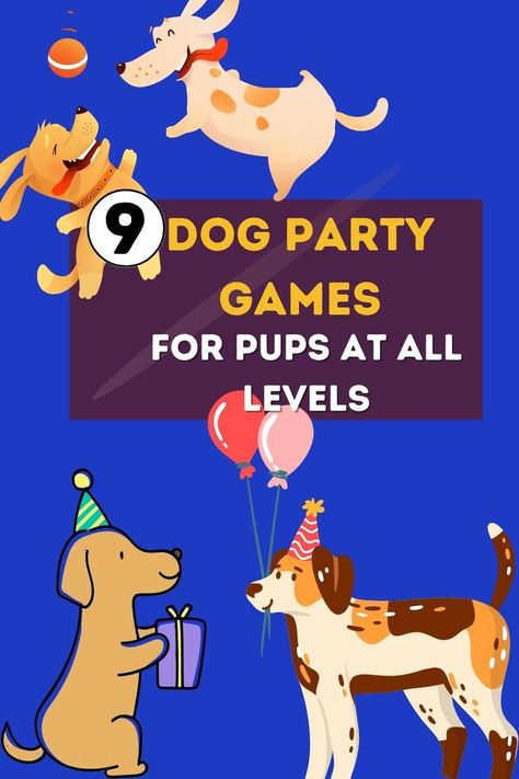 two dogs playing with a ball, one dog holding a present, and another dog holding balloons Birthday Party For Dogs Ideas, Dog Games Diy, Dog Party Games, Pet Event, Brain Games For Dogs, Dog Grooming Shop, Puppy Birthday Parties, Dog Enrichment, Dog Games