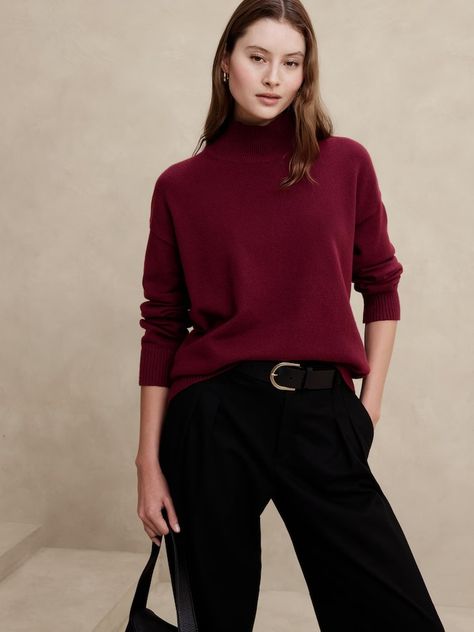 Women's Sweaters & Cardigans | Banana Republic Factory Burgundy Sweater Outfit Work, Classic Winter Style Women, One Ton None Tibi, Big Turtleneck Sweater, Burgundy Turtleneck Outfits, Burgundy Outfits For Women, Soft Autumn Outfits Capsule Wardrobe, Alternative Office Fashion, Sweater Outfits Women