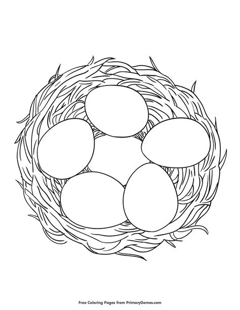 Free printable Spring Coloring Pages eBook for use in your classroom or home from PrimaryGames. Print and color this Eggs in a Nest coloring page. Birds Nest Coloring Page, Ostara Coloring Pages Free Printable, Chicken Coloring Pages Free Printable, Nest Pictures, Eggs Coloring Pages, Egg Coloring Pages, Eggs In A Nest, Chicken Coloring Pages, Kids Christmas Coloring Pages